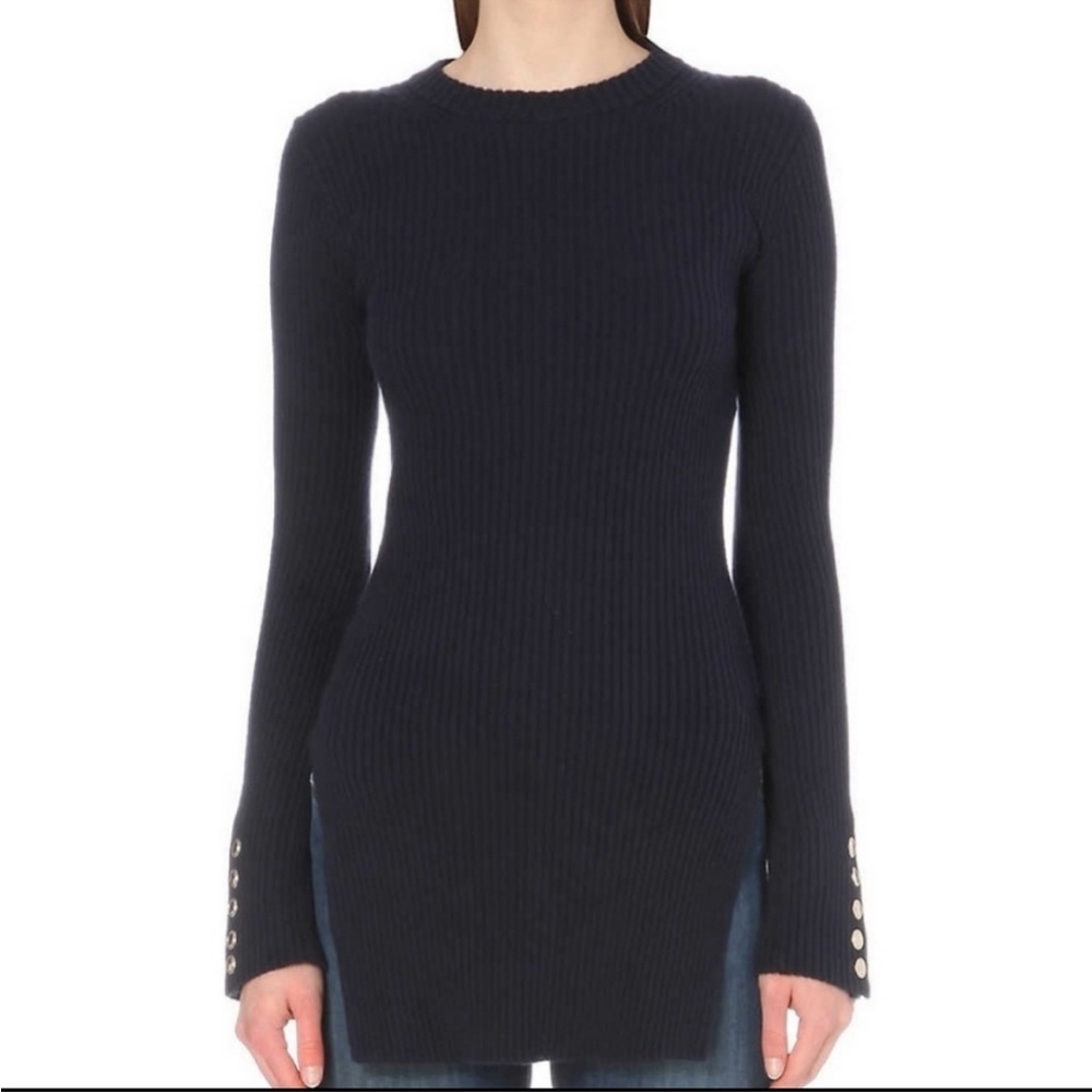 MAJE PARIS NAVY RIBBED TUNIC SWEATER WITH GOLD BUTTONS SIZE 3 LARGE